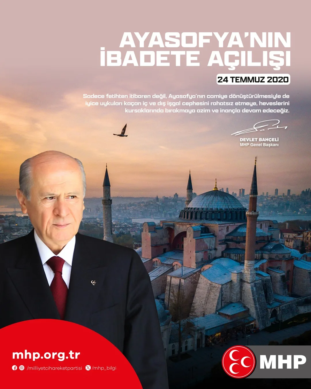 MHP Lideri Devlet Bahçeli'den Ayasofya'nın İbadete Açılışının Yıl Dönümü Mesajı